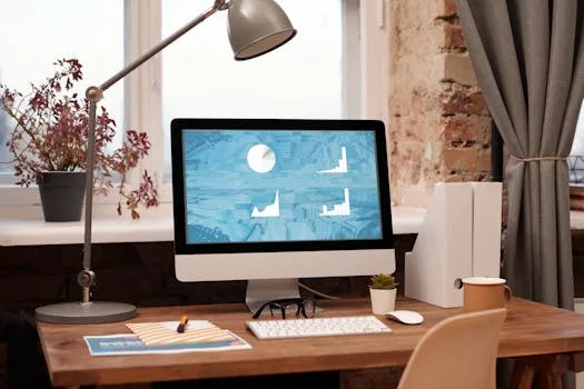 Clean and modern home office setup with computer, lamp, and decor. Ideal for productivity in a contemporary workspace.